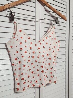 GAZE White Spaghetti Strap Camisole with Red Floral Print